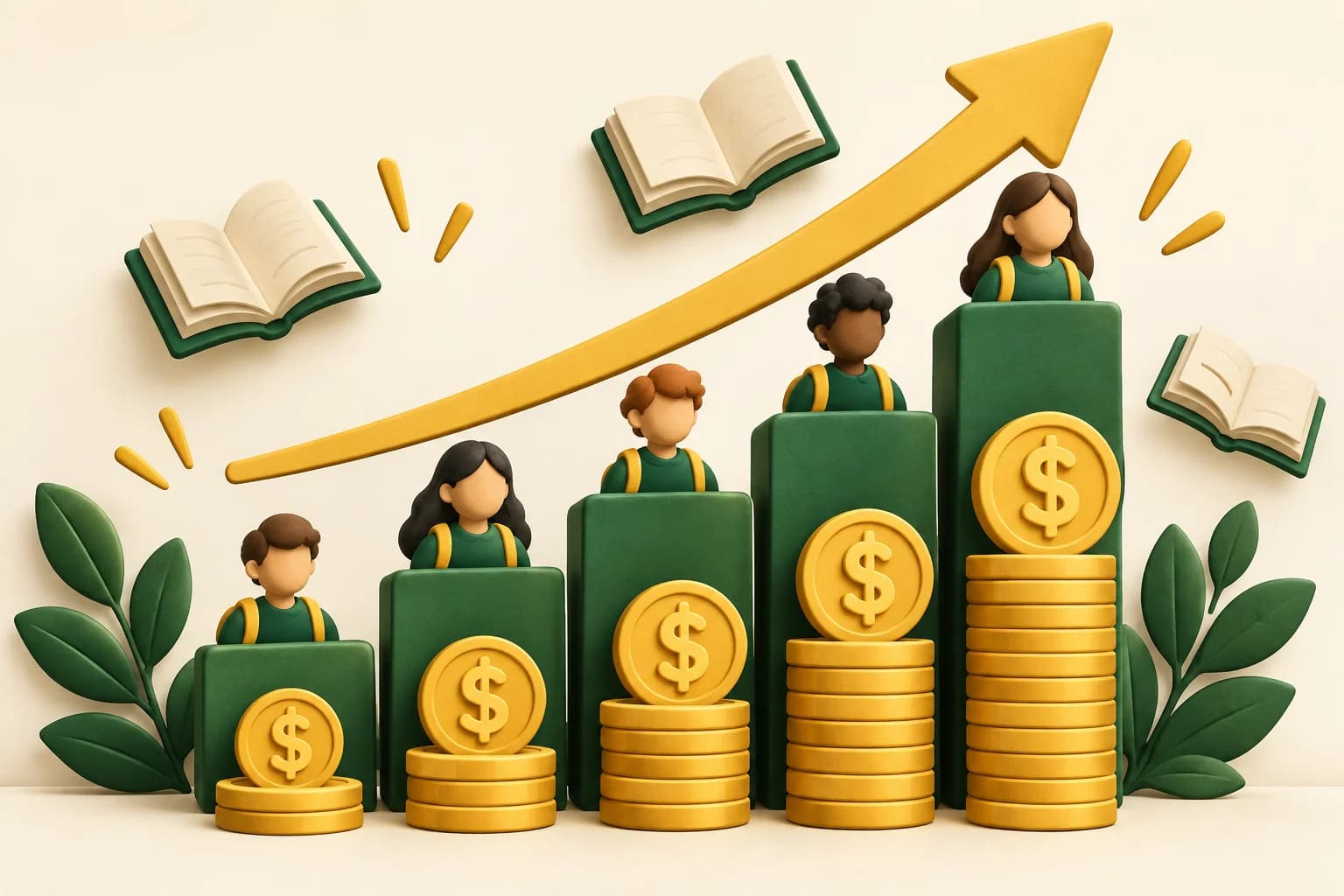An illustration of growing student enrollment, rising green bars, gold dollar coins, and an upward arrow.