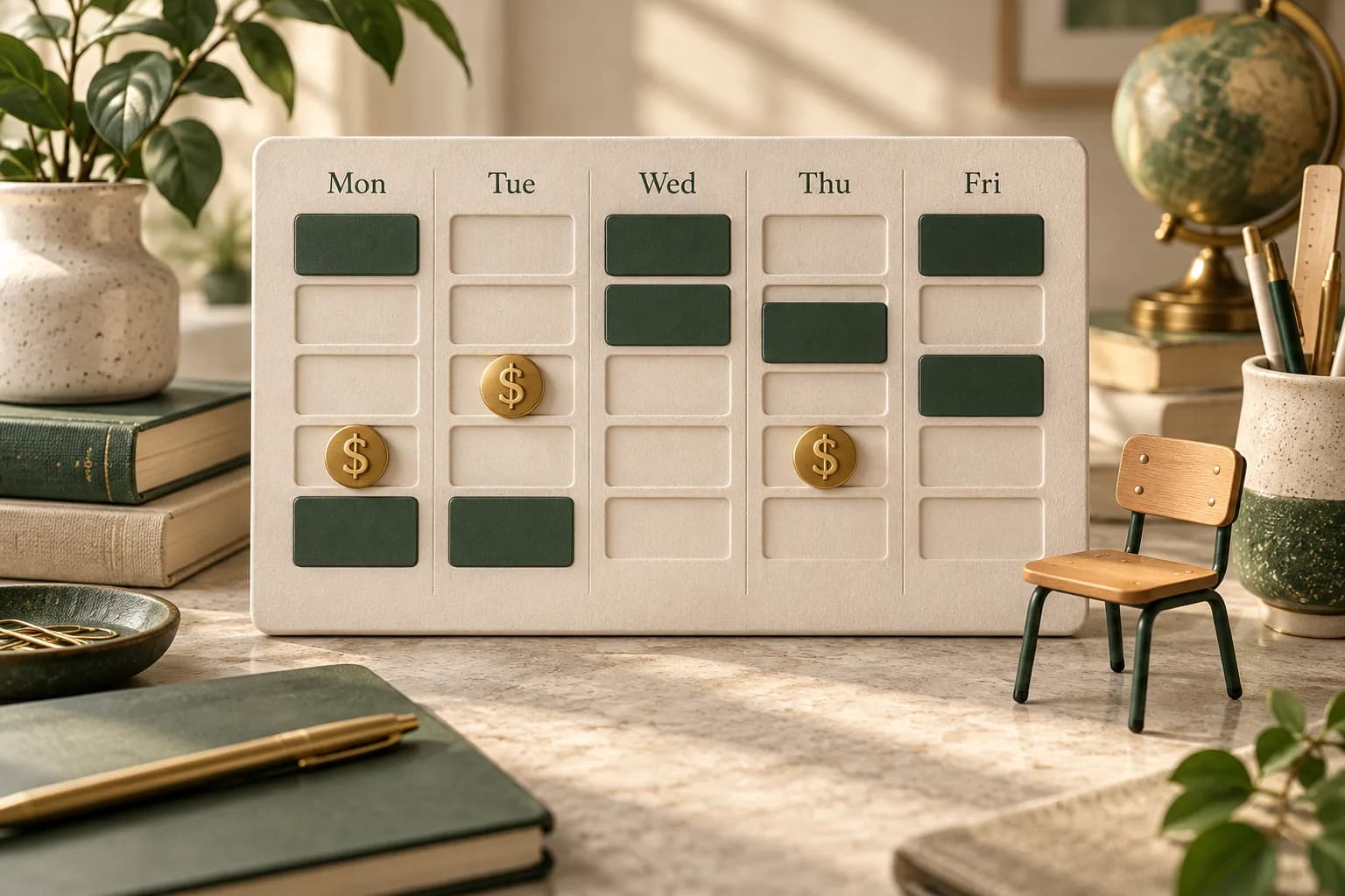 A physical schedule board with green blocks, gold dollar tokens, and a miniature classroom chair on a cream tabletop.