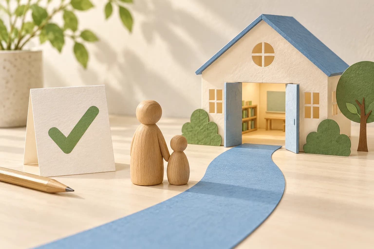 A green checkmark on an appointment card beside wooden adult and child figures, a miniature schoolhouse, and a blue paper path.