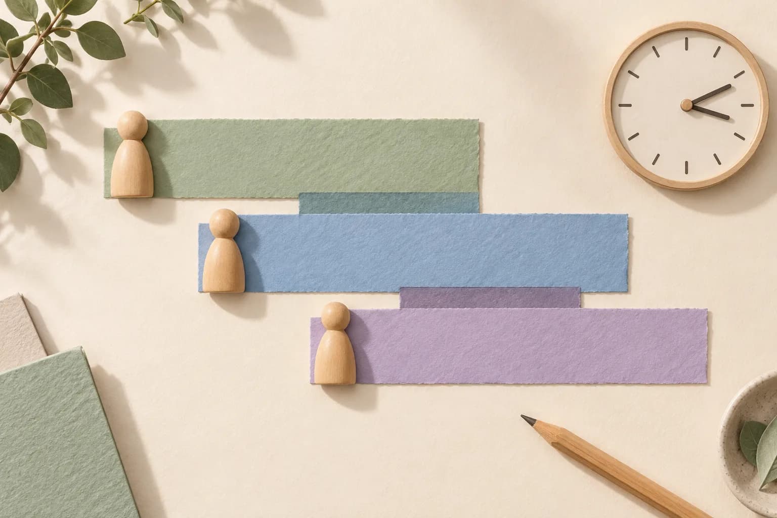 Overlapping sage, blue, and lilac paper strips with wooden person tokens beside an analog clock and pencil.