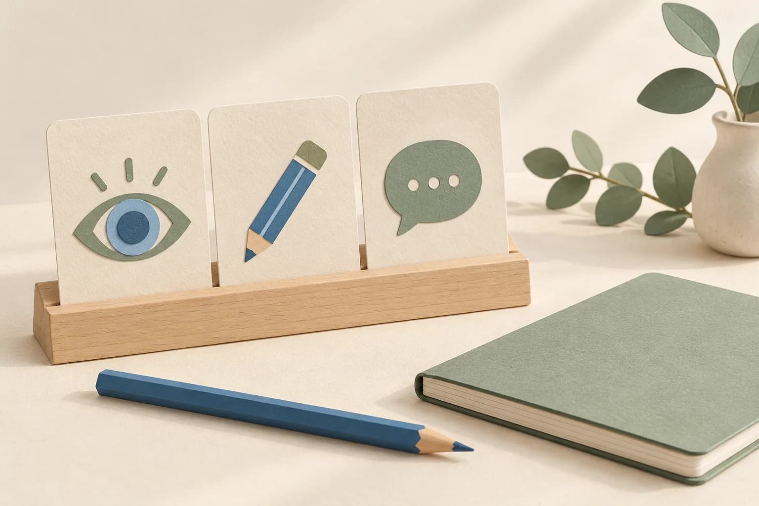 Three cream cards with eye, pencil, and speech bubble symbols in a wooden stand beside a sage notebook and blue pencil.