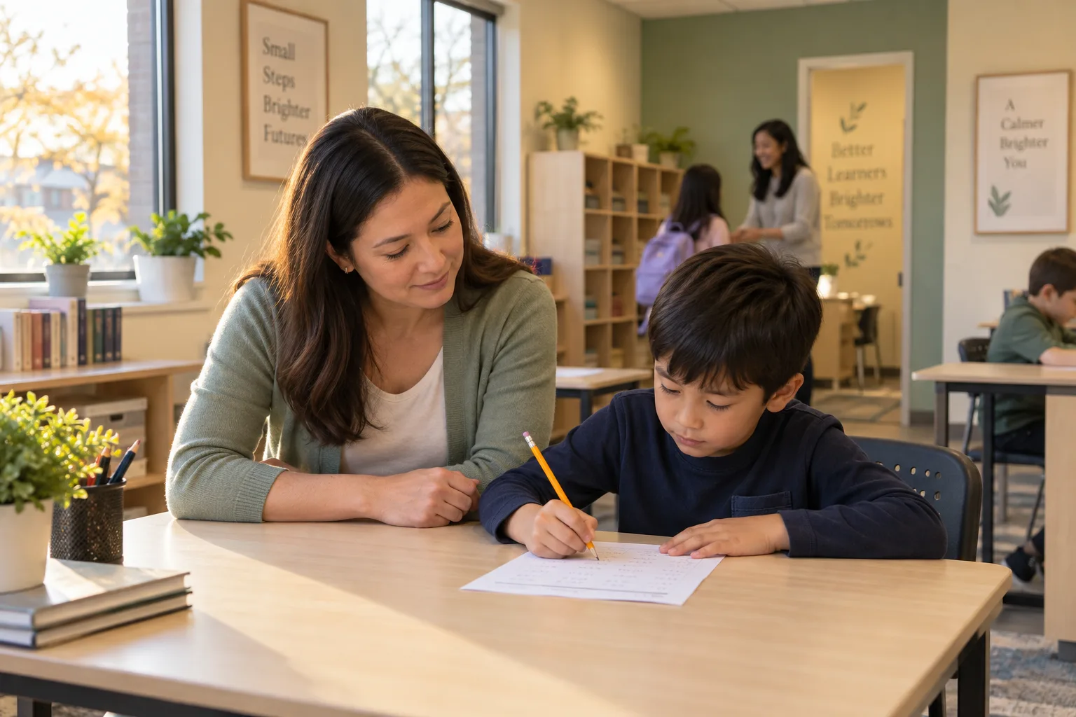 An instructor observes a student working independently while an assistant welcomes another student in the background.