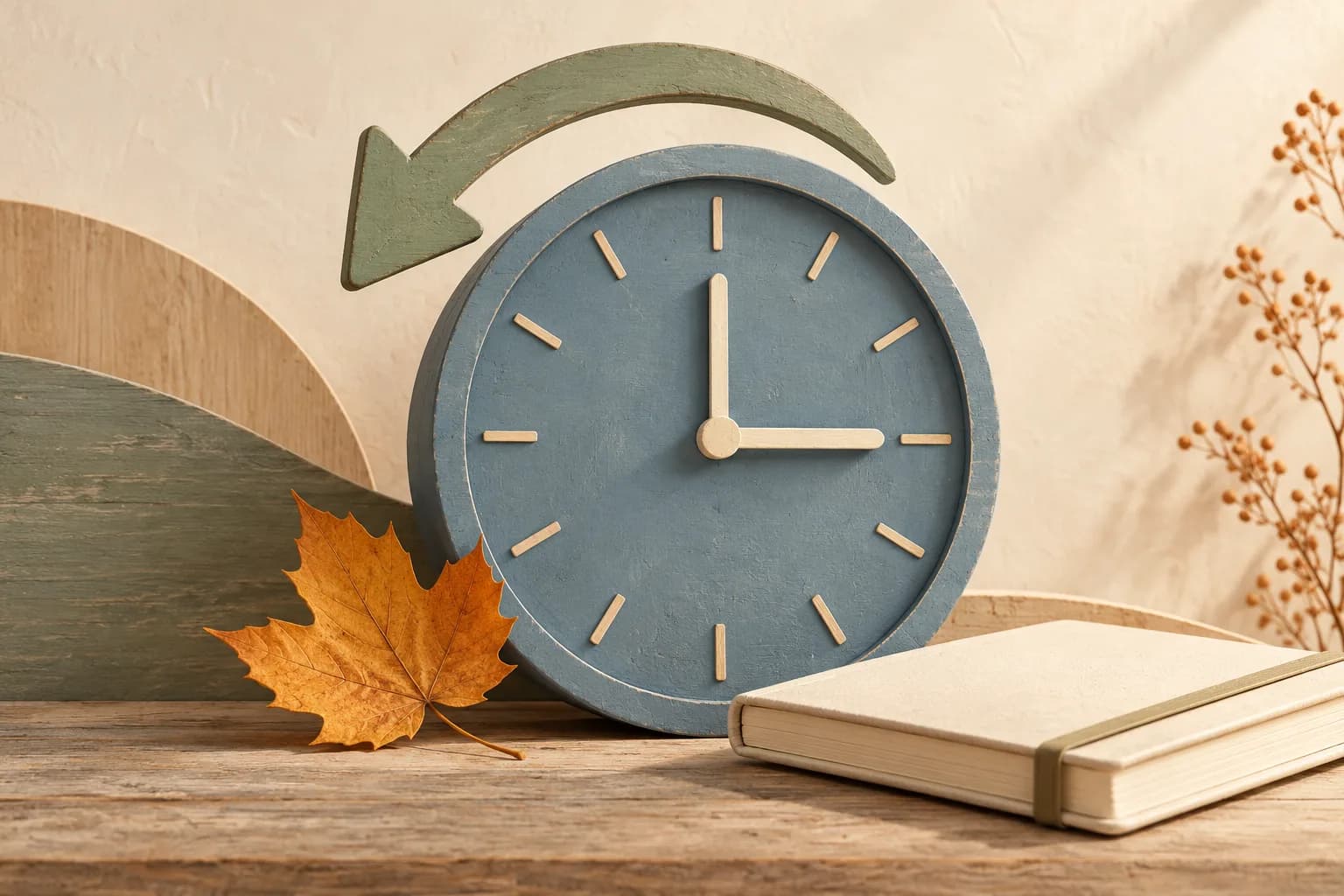 A dusty-blue clock with a backward-curving sage arrow beside an amber autumn leaf and closed cream notebook.