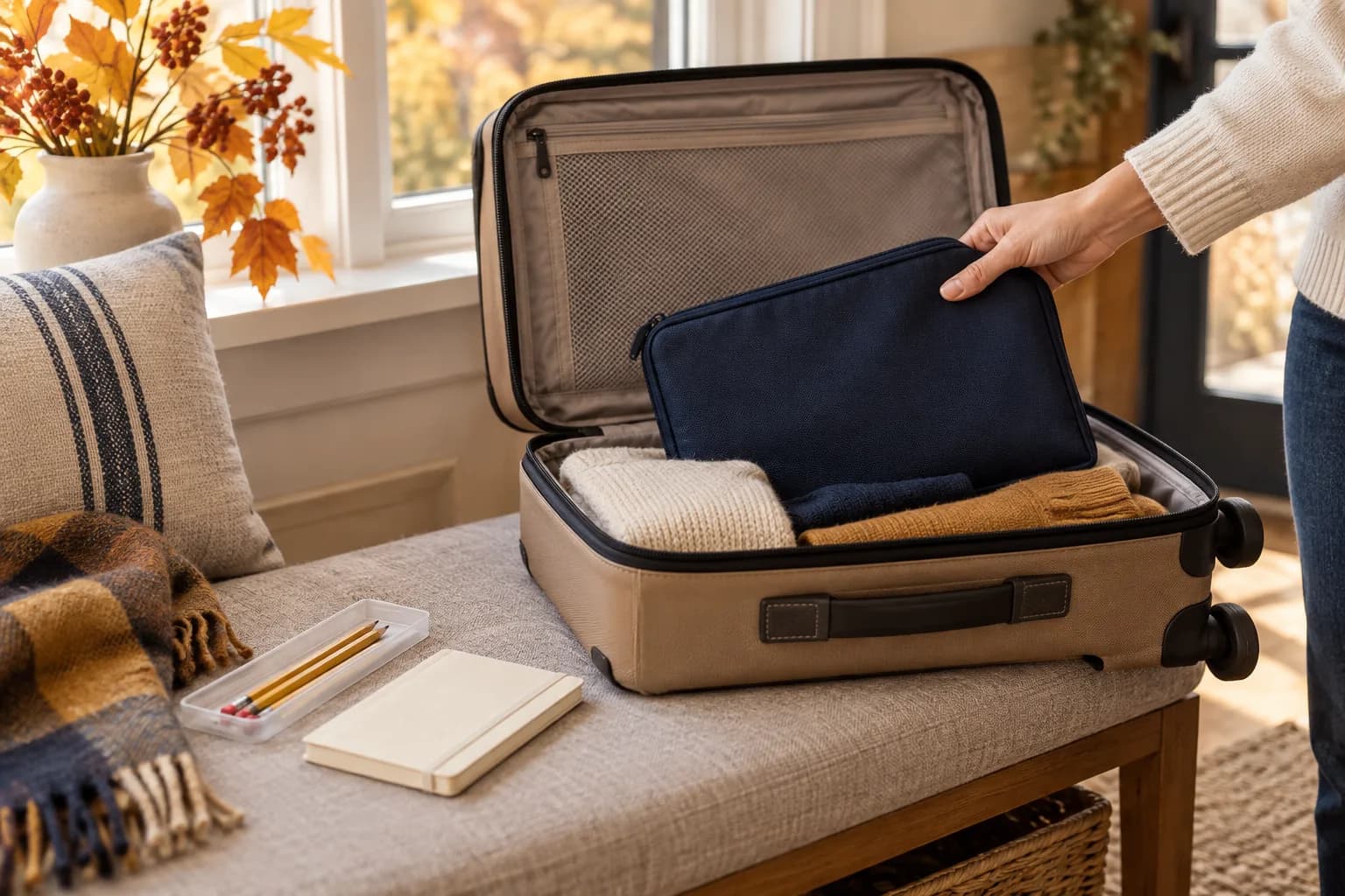 An adult hand packs a navy document pouch into an open tan suitcase beside pencils and a plain cream notebook.