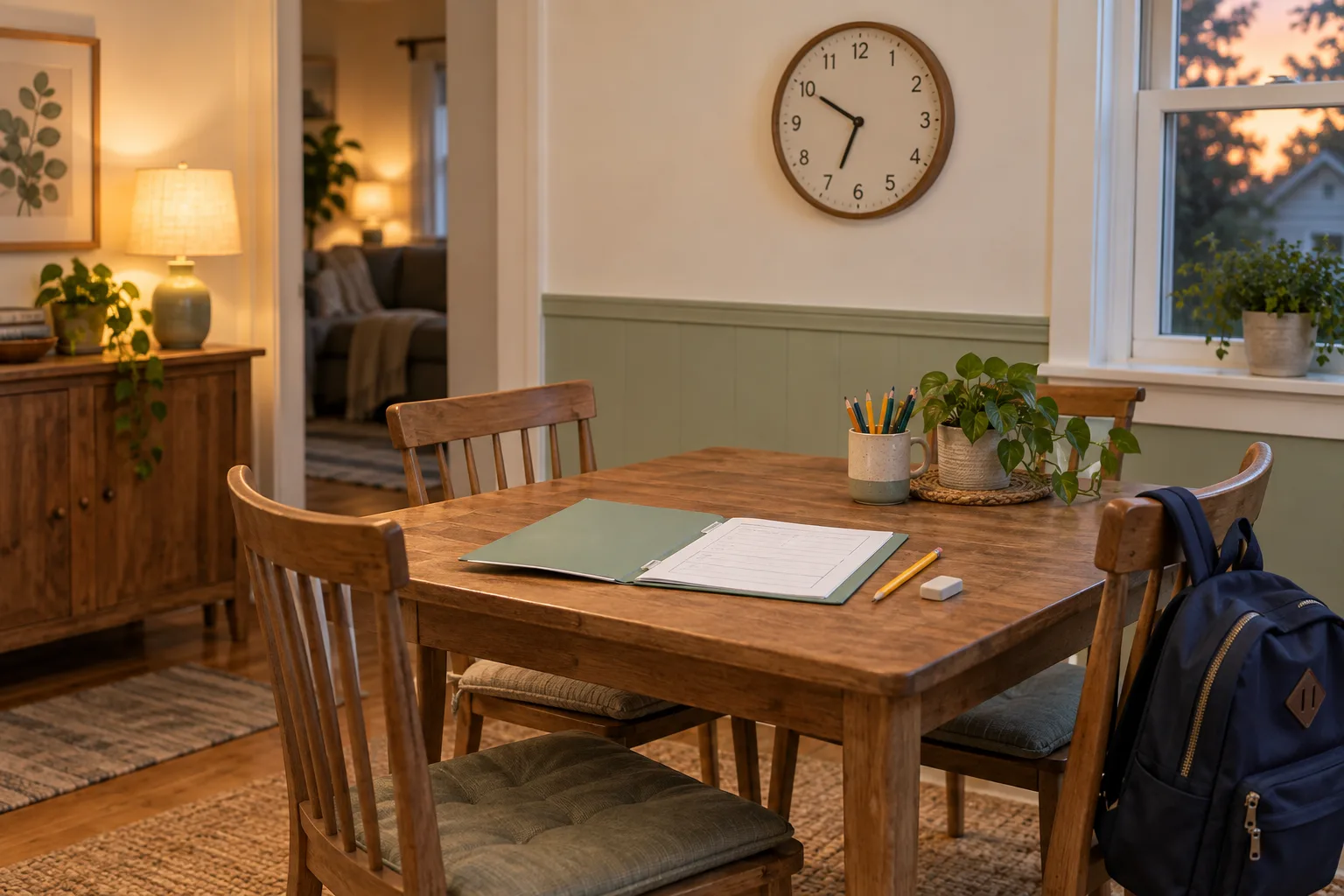 A green folder with practice pages and a pencil on a home study table beside a school backpack, with a clock on the wall.