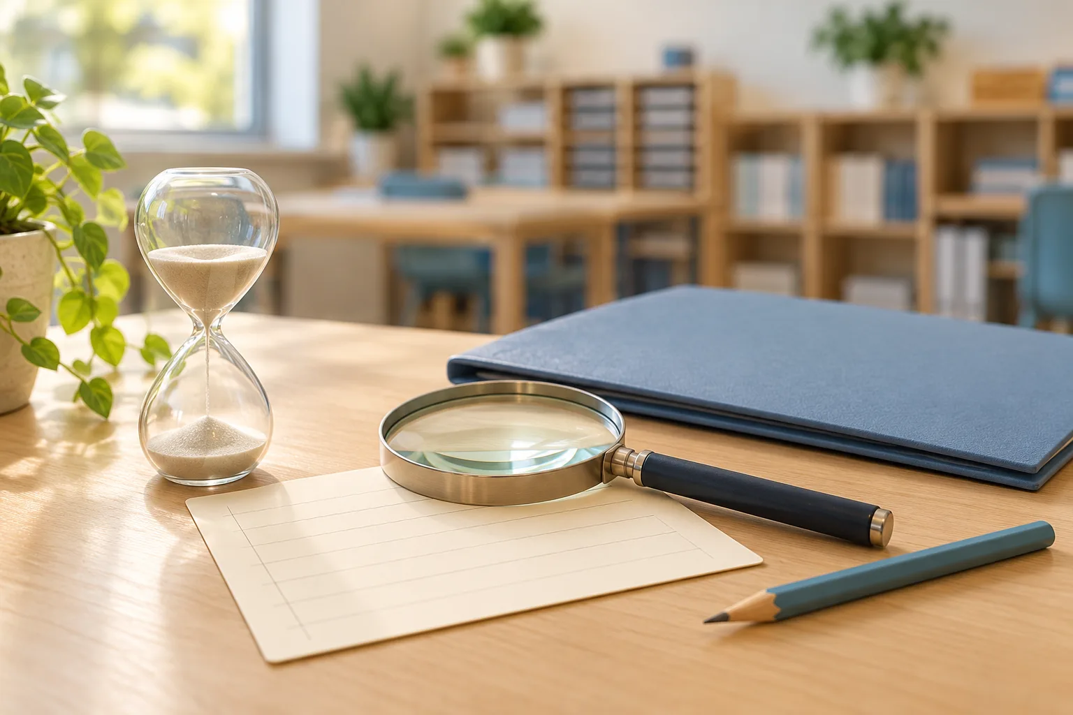 A glass sand timer and magnifying glass over a blank attendance card beside a blue folder and pencil.