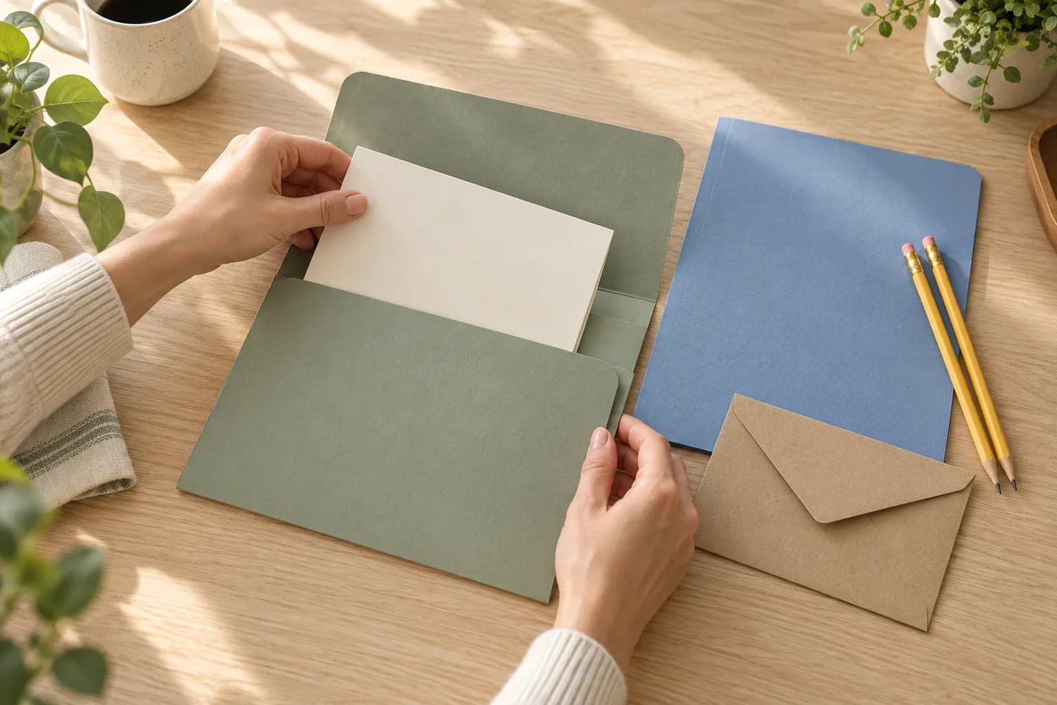 Adult hands place a blank cream information card into a sage document wallet beside a blue folder, yellow pencils, and kraft envelope.