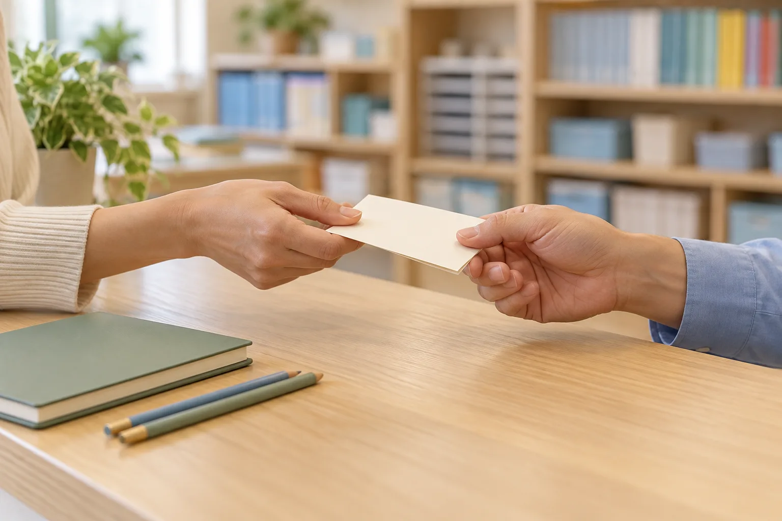 Two adult hands pass a folded cream note across an oak counter beside a sage notebook and pencils.