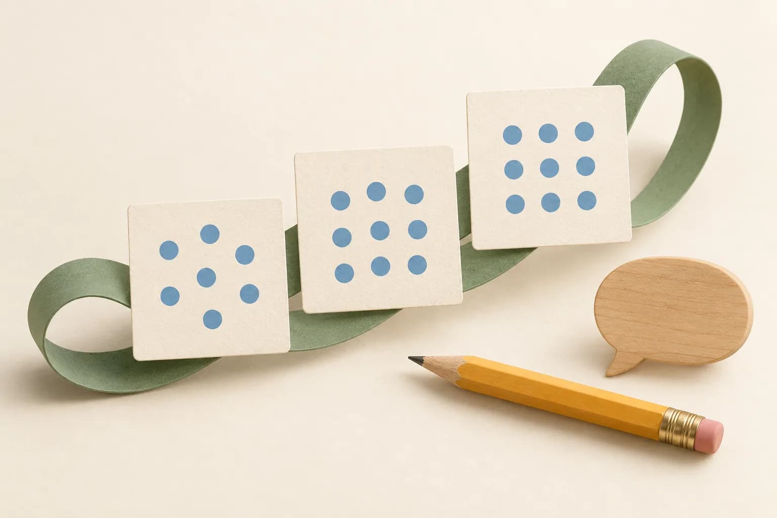 Three cream cards with increasingly orderly blue dots rest along a looping green ribbon beside a yellow pencil and wooden speech bubble.