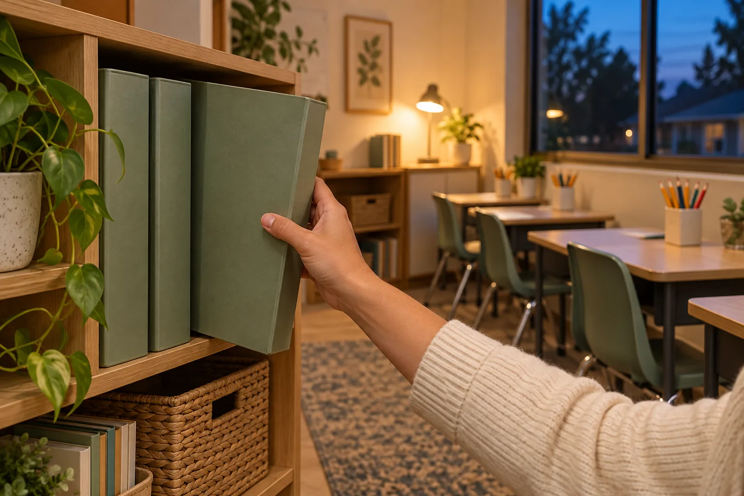 An instructor's hand places a green folder on a shelf in a tidy learning center at the end of the day.