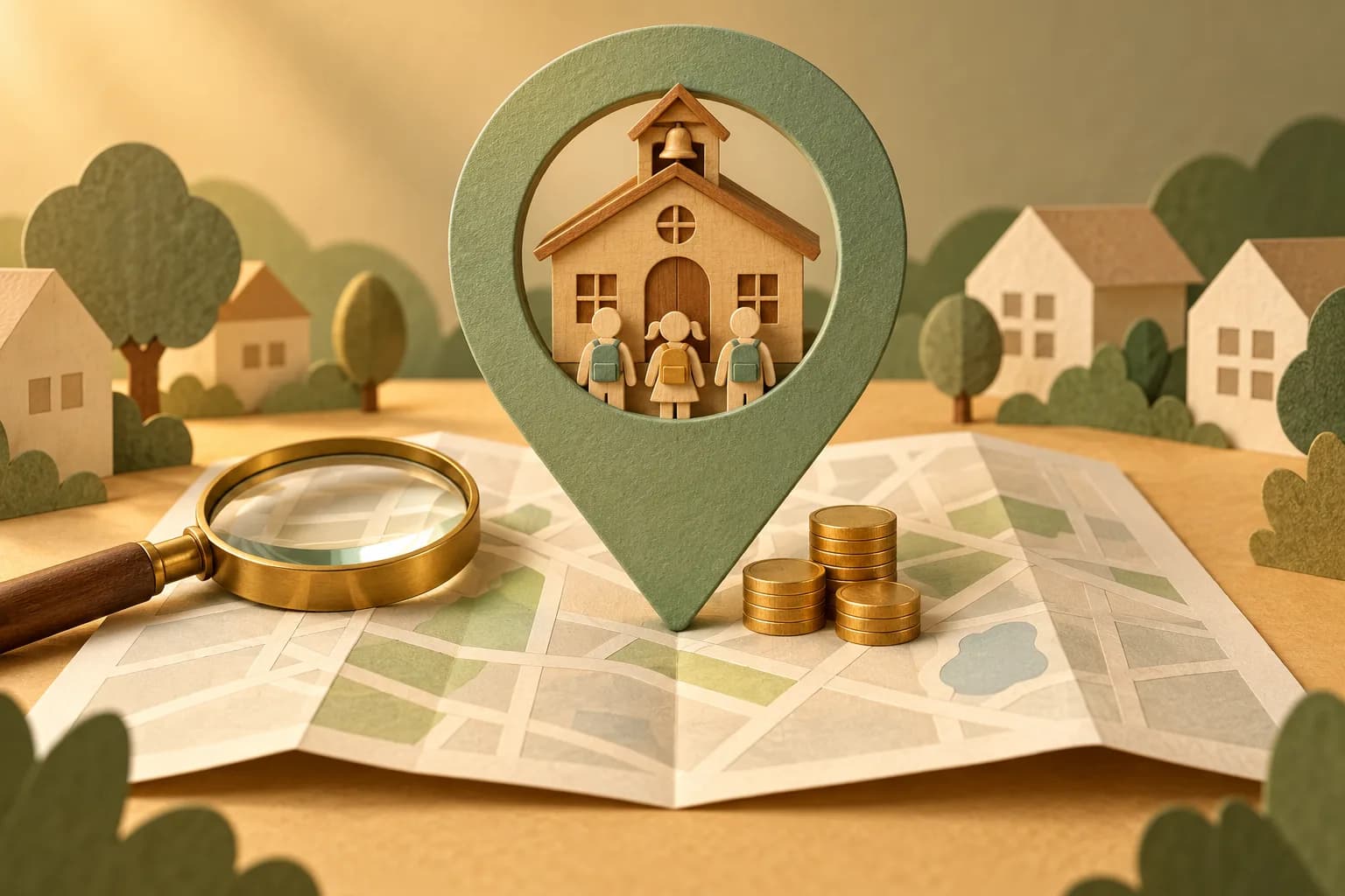 A green map pin frames a wooden schoolhouse and student figures above a neighborhood map, beside a magnifying glass and gold coins.