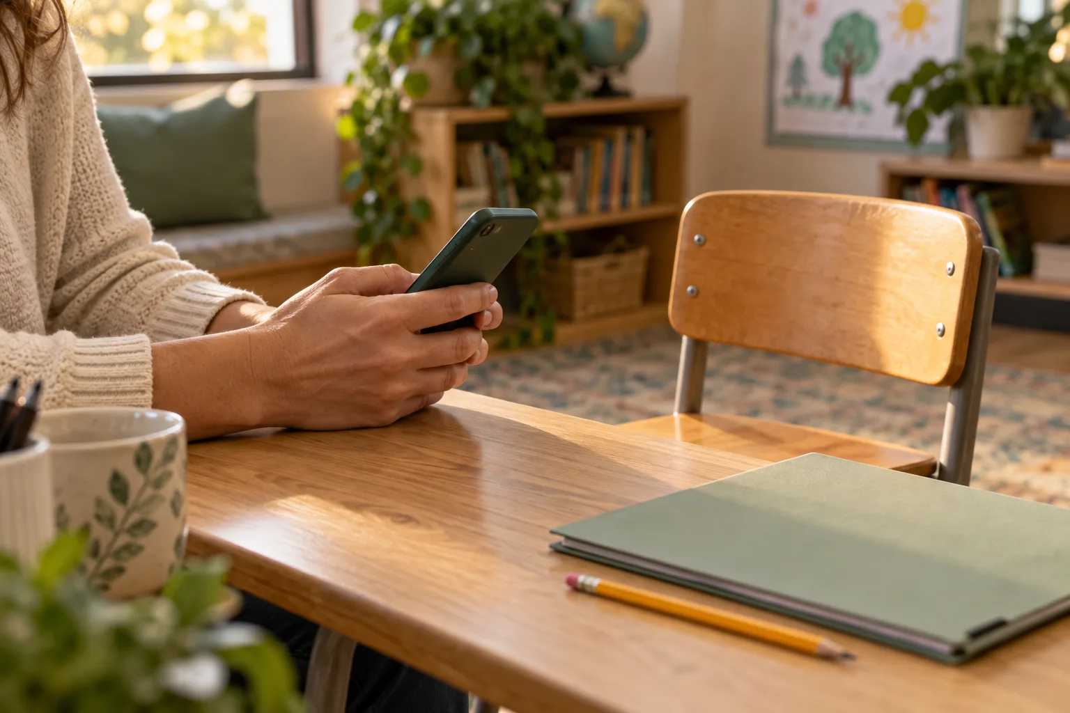 An adult holds a phone at a learning-center desk beside an empty wooden chair, a green folder, and a pencil.