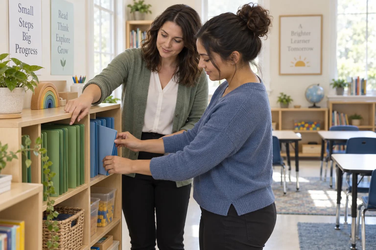 Two adult staff members practice organizing green and blue folders on a learning-center shelf beside empty student desks.