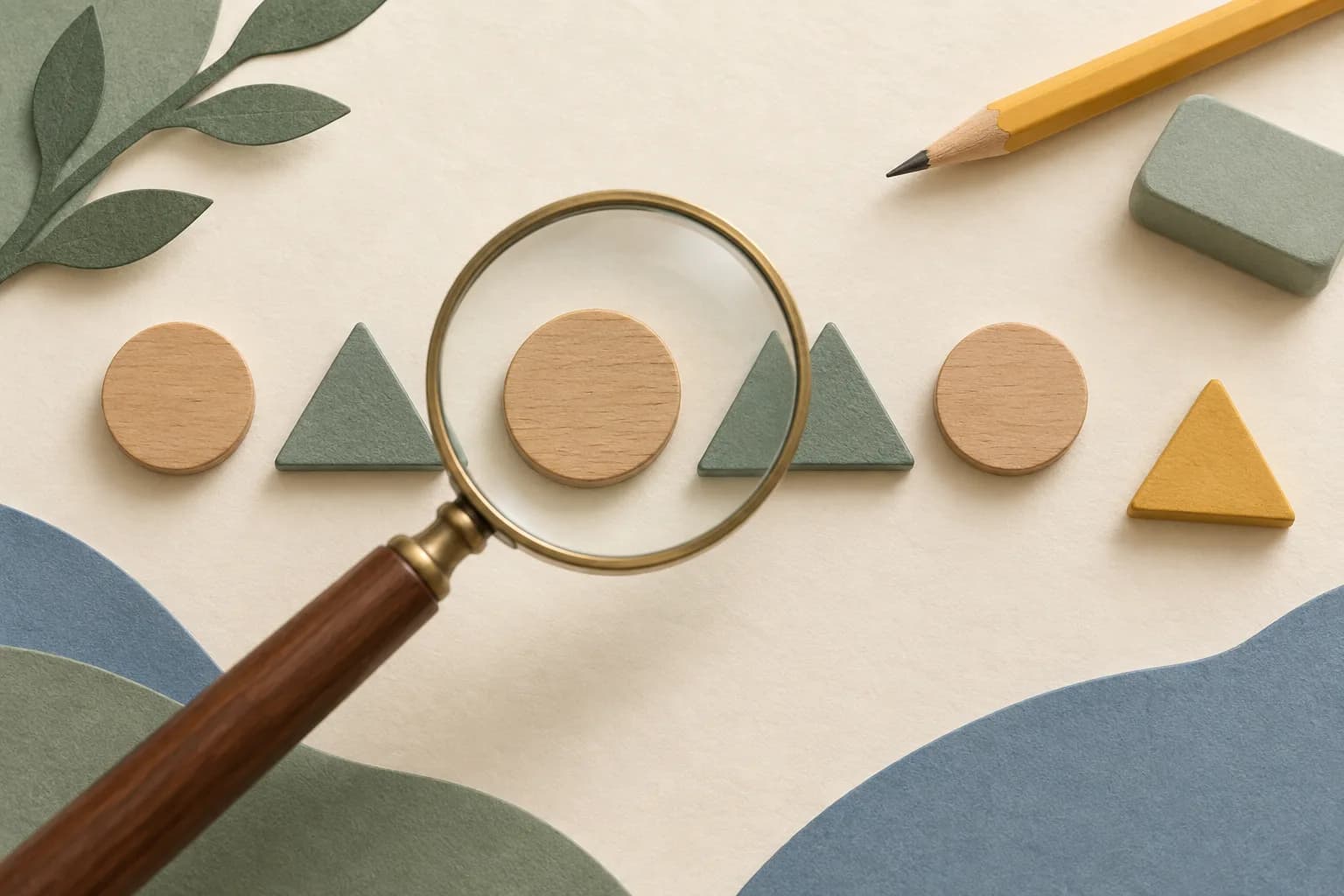 A magnifying glass over wooden circles and triangles beside a yellow pencil and sage-green eraser.