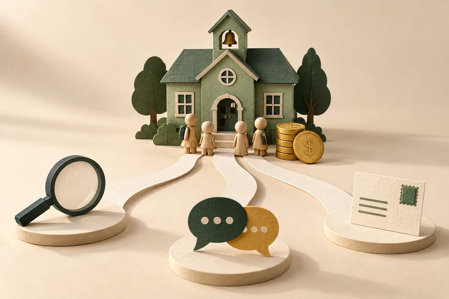 Three paths from search, conversation, and postcard symbols meet at a miniature schoolhouse beside student figures and gold coins.