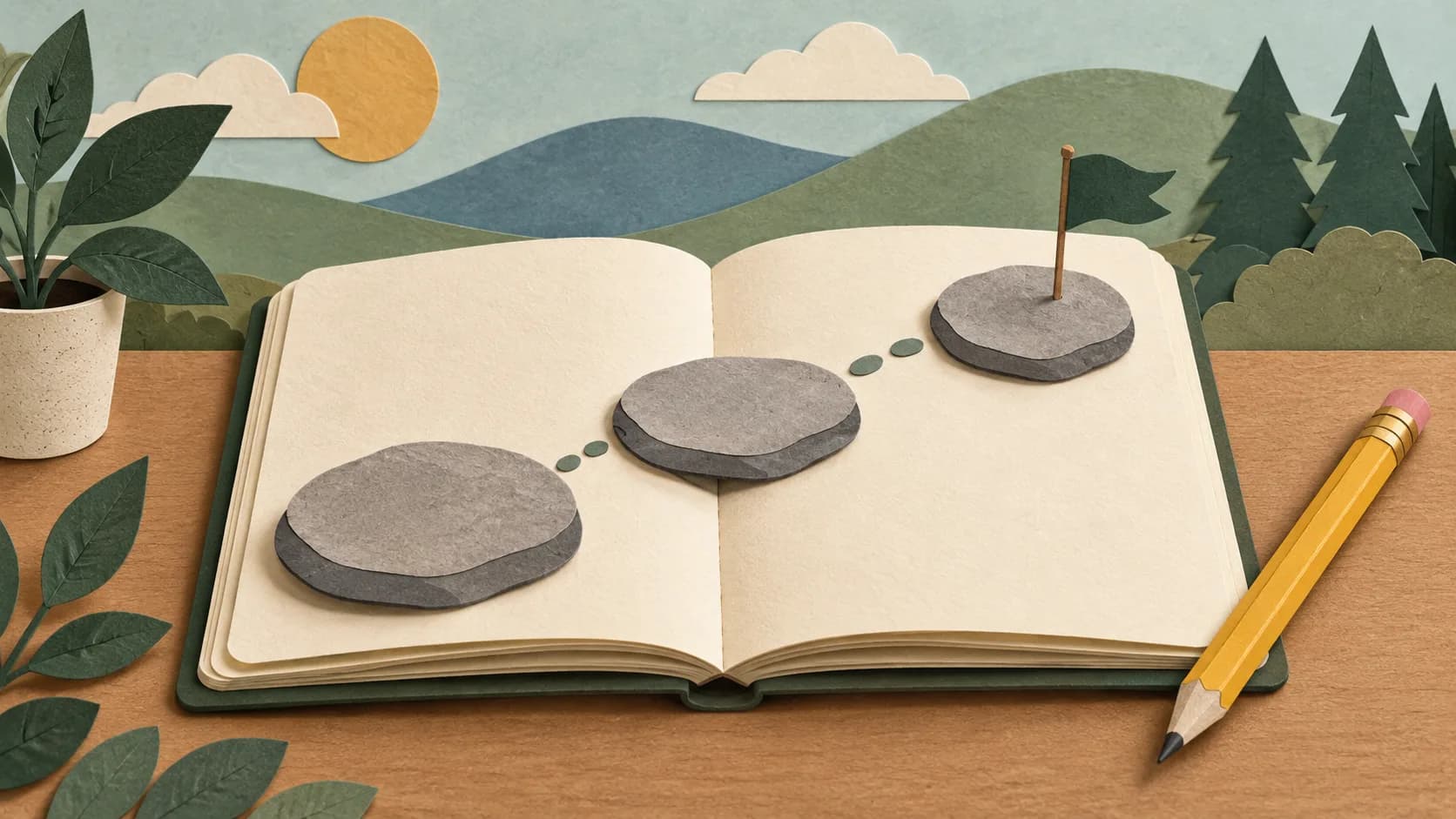 Paper stepping stones cross an open notebook toward a small green flag beside a yellow pencil.