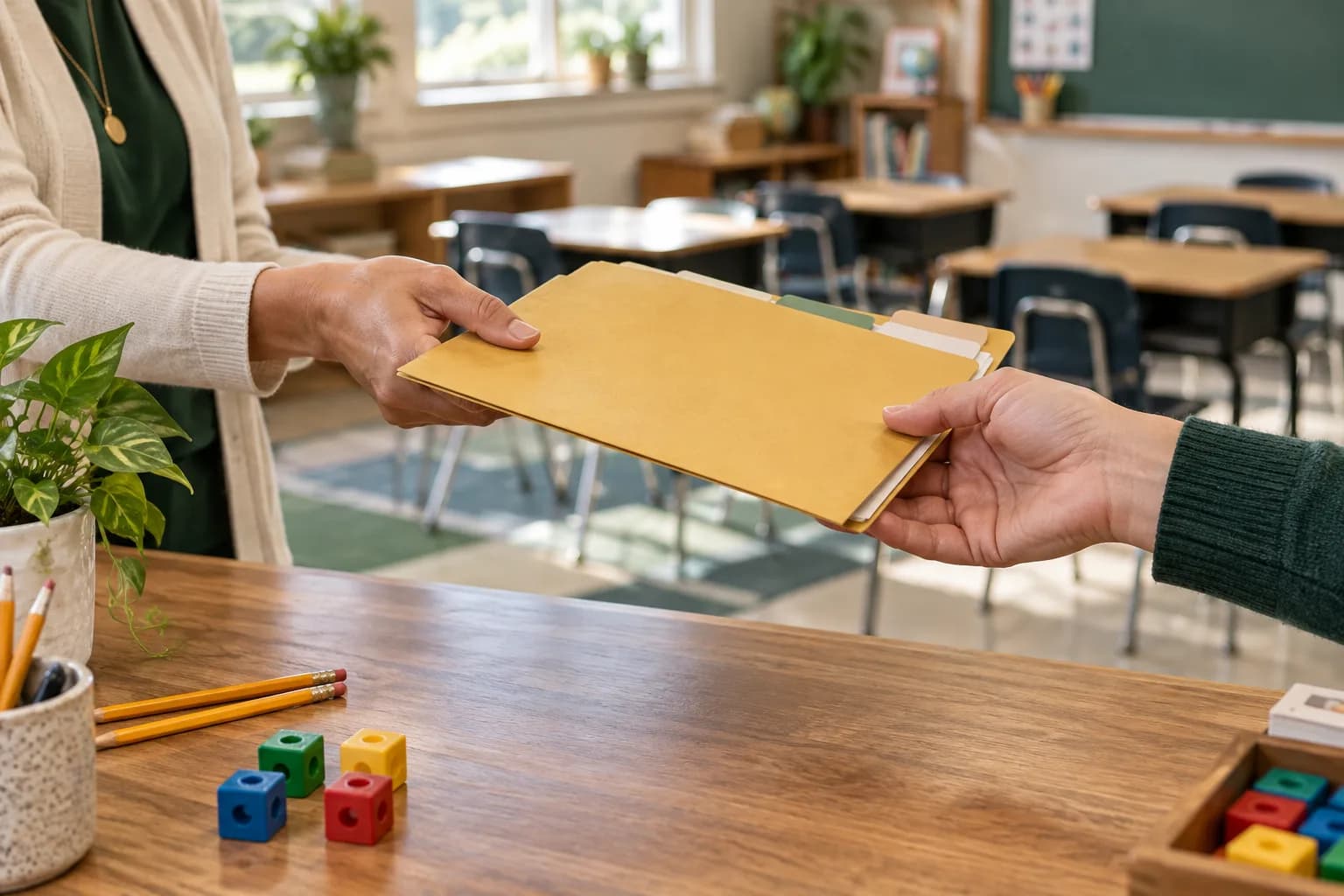 Two adults passing a yellow teaching folder across a classroom counter beside counting cubes and pencils.