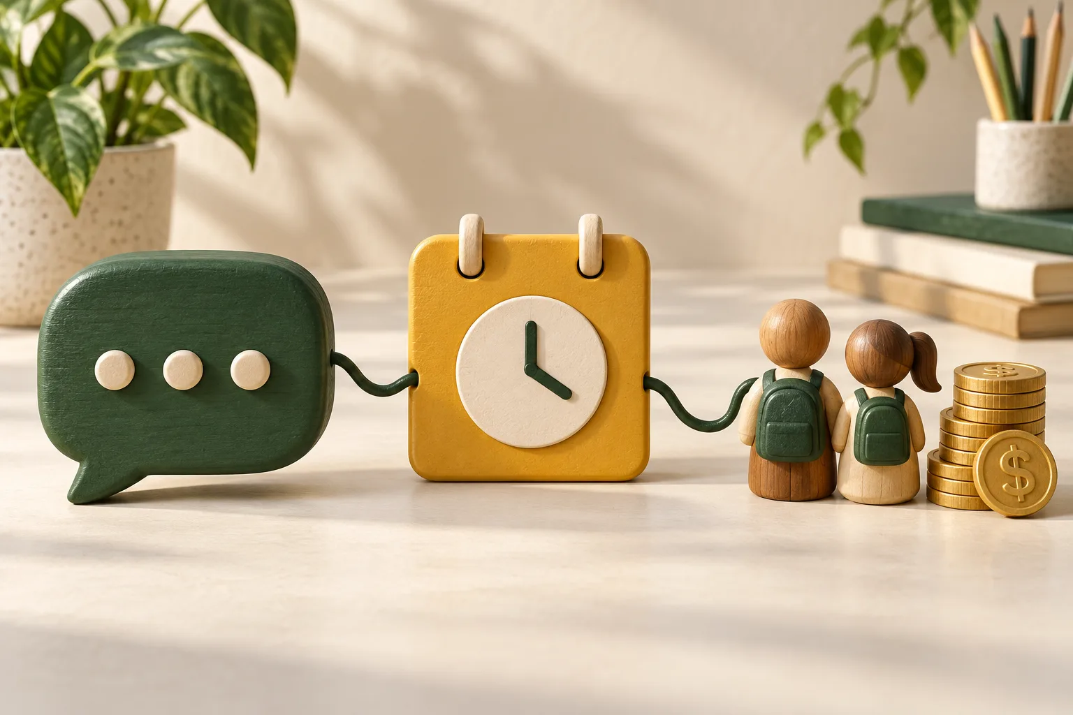 A green speech bubble connected to an appointment card and student figures beside gold dollar coins.