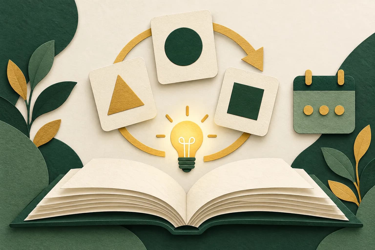 Paper-cut illustration of flashcards, a circular review arrow, a lightbulb, and a calendar above an open book.